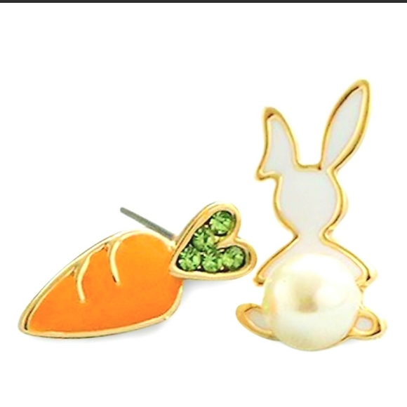 Gold plated green crystal Orange carrot Bunny pearl earrings silver post - Picture 8 of 11